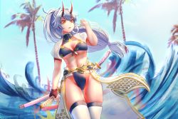 Rule 34 | 1girl, absurdres, bikini, blue sky, breasts, cleavage, cleavage cutout, clothing cutout, commentary request, fate/grand order, fate (series), from below, hair between eyes, highres, holding, holding sword, holding weapon, horns, huge filesize, katana, long hair, low-tied long hair, medium breasts, midriff, mitsudomoe (shape), navel, oni horns, palm tree, ponytail, purple bikini, red eyes, red horns, satsuki (swkerc), see-through, see-through sleeves, short sleeves, silver hair, sky, solo, swimsuit, sword, thighhighs, tomoe (symbol), tomoe gozen (fate), tomoe gozen (swimsuit saber) (fate), tomoe gozen (swimsuit saber) (third ascension) (fate), tree, underboob, very long hair, waist cape, weapon, white thighhighs