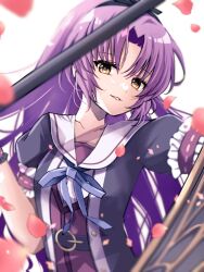 Rule 34 | 1girl, belt, black ribbon, blue bow, bow, collarbone, commentary, curtained hair, eiyuu densetsu, eyelashes, falcom, falling petals, frilled sleeves, frills, hair ribbon, holding, holding scythe, long hair, looking at viewer, natsusechoco, parted lips, petals, puffy short sleeves, puffy sleeves, purple hair, renne (eiyuu densetsu), ribbon, scythe, sen no kiseki, sen no kiseki iv, short sleeves, smile, solo, symbol-only commentary, weapon, yellow eyes