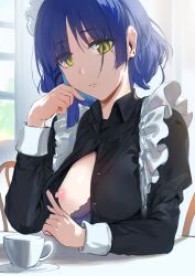 Rule 34 | 1girl, alternate costume, blue hair, bocchi the rock!, bra, breasts, closed mouth, cup, enmaided, hews, highres, indoors, long sleeves, looking at viewer, maid, maid headdress, medium breasts, mole, mole under eye, nipples, one breast out, puffy long sleeves, puffy sleeves, purple bra, short hair, solo, teacup, underwear, upper body, window, yamada ryo, yellow eyes