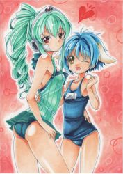 Rule 34 | 00s, 2girls, animal ears, blue hair, brown eyes, casual one-piece swimsuit, galaxy angel, gradient background, green hair, highres, mary0524, mint blancmanche, multiple girls, one-piece swimsuit, one eye closed, ponytail, red eyes, school swimsuit, swimsuit, traditional media, vanilla h