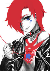 Rule 34 | 1girl, blue eyes, choker, hair over one eye, heart (organ), idolmaster, idolmaster million live!, jacket, jewelry, julia (idolmaster), leather, leather jacket, limited palette, necklace, off shoulder, red hair, shirt, short hair, simple background, smile, solo, star (symbol), star necklace, string, string of fate, todee, upper body, white background