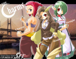 Rule 34 | 00s, 3girls, braid, bridge, brown hair, character name, chunsoft, coif, copyright name, creatures (company), cross, english text, facial mark, forehead mark, game freak, gardevoir, gen 3 pokemon, gen 4 pokemon, green hair, grey eyes, hair over one eye, hand on own hip, hip focus, long hair, looking back, lopunny, medicham, multiple girls, nintendo, open mouth, pants, personification, pink hair, pointy ears, pokemon, pokemon mystery dungeon, pokemon mystery dungeon: explorers of time/darkness/sky, rascal (feuille), red cross, red eyes, red hair, short hair, smile, whip