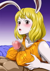 Rule 34 | 1boy, 1girl, blonde hair, breasts, carrot (one piece), censored, covered erect nipples, dark-skinned male, dark skin, furry, hetero, highres, large breasts, nel-zel formula, nipples, one piece, open mouth, paizuri, penis, short hair, source request