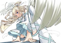 Rule 34 | 1girl, ahoge, angel, angel wings, aqua ribbon, ascot, bare shoulders, between legs, blonde hair, blue eyes, blunt bangs, blunt ends, blurry, blush, closed mouth, commentary request, depth of field, detached sleeves, fighting stance, floating clothes, floating hair, foreshortening, from below, hand between legs, hand on floor, head down, highres, leg ribbon, long hair, long sleeves, looking at viewer, nzuwaiganin, ribbon, shirayuki noa, shirt, sidelocks, simple background, sleeveless, sleeveless shirt, solo, squatting, tenshi souzou re-boot!, thighhighs, two side up, white ascot, white background, white shirt, white sleeves, white thighhighs, wide sleeves, wing hair ornament, wings