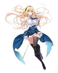 Rule 34 | 1girl, absurdres, black footwear, black hairband, black thighhighs, blonde hair, blouse, blue eyes, blue necktie, blue skirt, boots, bustier, capelet, celistia ralgris, cross-laced footwear, dress shirt, floating hair, frown, full body, hair between eyes, hairband, highres, holding, holding sword, holding weapon, knee boots, lace-up boots, long hair, long sleeves, looking at viewer, miniskirt, murakami yuichi, necktie, saijaku muhai no bahamut, shirt, simple background, skirt, solo, sword, taut clothes, taut shirt, thighhighs, thighs, uniform, very long hair, weapon, white background, white capelet, white shirt, zettai ryouiki