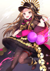 Rule 34 | 1girl, akariko, blush, bow, brown eyes, brown hair, chacha (fate), commentary request, fate/grand order, fate (series), gloves, hat, highres, long hair, looking at viewer, open mouth, pantyhose, smile, solo