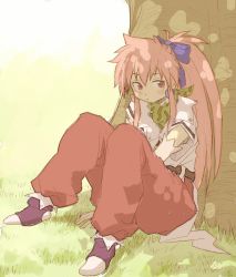 Rule 34 | 1girl, arche klein, belt, blush stickers, bow, closed mouth, earrings, elbow gloves, full body, gloves, hair bow, jewelry, long hair, looking at viewer, neko (hansinn), pants, pink eyes, pink hair, ponytail, scarf, solo, tales of (series), tales of phantasia, tree, wide ponytail