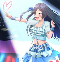 Rule 34 | 1girl, :d, absurdres, black hair, blue skirt, breasts, cleavage, cowboy shot, from side, glowstick, grey hair, highres, love live!, love live! nijigasaki high school idol club, medium breasts, midriff, navel, one side up, open mouth, panaham, penlight (glowstick), pointing, pointing forward, see-through, see-through sleeves, skirt, smile, tagme, teeth, upper teeth only, wrist cuffs, yuki setsuna (love live!)