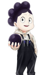 Rule 34 | 1boy, :d, absurdres, bad id, bad pixiv id, ball, boku no hero academia, feet out of frame, fengling (furin-jp), highres, holding, holding ball, hood, hood down, long sleeves, looking at viewer, male focus, mineta minoru, open mouth, overalls, simple background, smile, solo, standing, teeth, upper teeth only, white background
