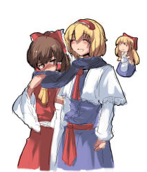 Rule 34 | 3girls, :3, alice margatroid, blonde hair, blush, bow, brown hair, capelet, closed eyes, dress, female focus, hair bow, hairband, hakurei reimu, magukappu, multiple girls, no nose, oekaki, perfect cherry blossom, scarf, shanghai doll, shared clothes, shared scarf, simple background, sketch, skirt, smile, touhou, white background