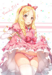 Rule 34 | 10s, 1girl, ^^^, blonde hair, blush, bow, bow panties, bowtie, character name, clothes lift, cowboy shot, dress, dress bow, dress lift, drill hair, eromanga sensei, female focus, ginn (hzh770121), green eyes, hair bow, halterneck, highres, layered sleeves, legs together, lifted by self, lolita fashion, long hair, long sleeves, looking at viewer, open mouth, panties, parted bangs, pink bow, pink panties, pointy ears, red bow, red bowtie, short over long sleeves, short sleeves, solo, standing, thighhighs, underwear, white thighhighs, yamada elf