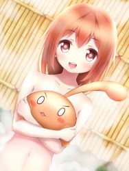 Rule 34 | 1girl, brown hair, covering privates, covering breasts, jihanki (kunicho gt), looking at viewer, nude, ole tower, onsen, open mouth, rammer (ole tower), short hair, slime (creature), solo, steam