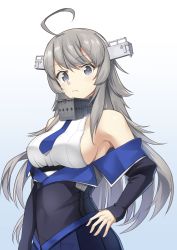 Rule 34 | 1girl, ahoge, blue necktie, breasts, closed mouth, collared shirt, gradient background, grey eyes, hair between eyes, hand on own hip, headgear, highres, kantai collection, long hair, necktie, negahami, shirt, sideboob, silver hair, sleeveless, sleeveless shirt, solo, upper body, washington (kancolle), white shirt