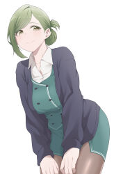 Rule 34 | 1girl, absurdres, black cardigan, black pantyhose, breasts, cardigan, folded ponytail, green eyes, green hair, green skirt, green vest, hands on own thighs, highres, idolmaster, idolmaster shiny colors, large breasts, leaning forward, looking at viewer, nanakusa hazuki, office lady, open collar, pantyhose, shirt, simple background, skirt, smile, solo, swept bangs, tokufumi, vest, white background, white shirt