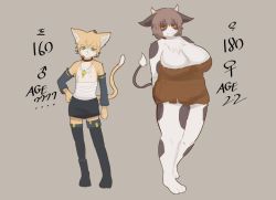 Rule 34 | 1boy, 1girl, age comparison, animal ears, animal print, bandages around chest, bare pectorals, bare shoulders, barefoot, blonde hair, blue eyes, boots, breasts, brown dress, brown hair, cat, cat boy, cat ears, cow ears, cow girl, cow horns, cow print, cow tail, curvy, detached sleeves, dress, english text, full body, furry, hair between eyes, half-closed eyes, horns, huge breasts, kyuuri, mars symbol, nipples, orange eyes, original, pectorals, red eyes, short hair, size comparison, skirt, sleeveless, smile, standing, tail, thick thighs, thigh boots, thighhighs, thighs, venus symbol