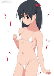 Rule 34 | 1girl, baba arumi, bikini, black hair, blush, breasts, long hair, looking at viewer, micro bikini, navel, original, petals, red eyes, simple background, small breasts, smile, solo, swimsuit, twintails, white background, white bikini