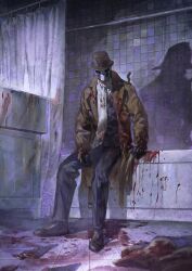 Rule 34 | 1boy, ascot, bath, bathtub, blood, blood on clothes, blood on ground, coat, curtains, facing down, fedora, gloves, hat, indoors, inkblot, male focus, mask, rorschach, scarf, sitting, taocan shisi hao, trench coat, watchmen