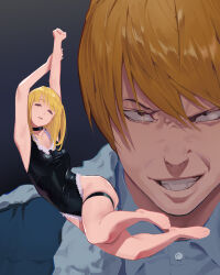 Rule 34 | 1boy, 1girl, absurdres, alternate costume, amane misa, armpits, arms up, barefoot, black background, black choker, black leotard, blonde hair, breasts, brown hair, choker, clenched teeth, collarbone, commentary, covered navel, death note, eyelashes, feet, frilled leotard, frills, full body, gradient background, grey background, highres, large breasts, leaning to the side, legs, leotard, long hair, looking at viewer, parted lips, shiny clothes, skindentation, some1else45, symbol-only commentary, teeth, thigh strap, thighs, toenails, toes, upper body, upper teeth only, yagami light
