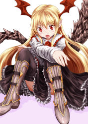 Rule 34 | 10s, 1girl, blonde hair, collared shirt, fangs, frilled skirt, frills, granblue fantasy, head wings, highres, long hair, multiple tails, pointy ears, red eyes, shingeki no bahamut, shirt, sitting, skirt, solo, tail, tanishi (pkmjnhb), tope suicida (tanishi), vampy, very long hair, wing collar, wings