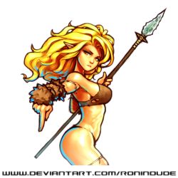 Rule 34 | 1girl, arm warmers, armlet, blonde hair, breasts, cave elf (ronindude), commentary, cropped legs, elf, english commentary, from side, highres, holding, holding weapon, lips, long hair, medium breasts, original, pointing, pointing down, pointy ears, polearm, ronindude, sideboob, single strap, solo, spear, weapon, yellow eyes