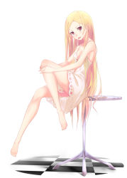 Rule 34 | 1girl, aged down, aged up, armpits, bakemonogatari, bare shoulders, barefoot, blonde hair, breasts, checkered floor, collarbone, commentary, dress, feet, full body, head tilt, highres, hugging own legs, kiss-shot acerola-orion heart-under-blade, kizumonogatari, knee up, long hair, looking at viewer, looking to the side, monogatari (series), narumi muran, on table, oshino shinobu, parted bangs, pinup (style), pointy ears, red eyes, simple background, sitting, sitting on table, sleeveless, sleeveless dress, small breasts, solo, sundress, table, toes, turning head, very long hair, white background, white dress