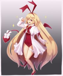 Rule 34 | 1girl, :d, big hair, blonde hair, bow, capelet, commentary request, covered navel, demon tail, disgaea, fangs, flonne, flonne (fallen angel), full body, gradient background, hair between eyes, hairband, highres, leotard, long hair, long sleeves, looking at viewer, makai senki disgaea, open mouth, outline, pointy ears, red eyes, red leotard, robe, shoes, simple background, smile, solo, tail, tail bow, tail ornament, thigh strap, v, very long hair, white outline, yonaga san