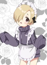 Rule 34 | 1girl, :d, alternate costume, apron, bags under eyes, black bow, blonde hair, blush, bow, brown eyes, commentary request, cowboy shot, ear piercing, earrings, floral background, flower, frilled apron, frills, grey background, hair bow, hair over one eye, highres, idolmaster, idolmaster cinderella girls, jacket, jersey maid, jewelry, looking at viewer, maid, maid headdress, name tag, open mouth, piercing, purple jacket, rose, shirasaka koume, short hair, sleeves past fingers, sleeves past wrists, smile, solo, standing, sukoyaka (100hituzi), track jacket, turtleneck, turtleneck jacket, unconventional maid, white apron