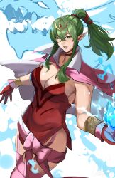 Rule 34 | 1girl, absurdres, breasts, cape, cleavage, dragonstone, dress, fire emblem, fire emblem awakening, gloves, green eyes, green hair, hair ornament, hair ribbon, highres, jewelry, large breasts, long hair, looking at viewer, michael lavacca, nintendo, pink cape, pink thighhighs, pointy ears, ponytail, red dress, red gloves, ribbon, short dress, side slit, sideboob, simple background, solo, teeth, thighhighs, tiara, tiki (adult) (fire emblem), tiki (fire emblem), white background