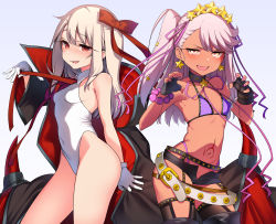 Rule 34 | 2girls, :d, armpits, asymmetrical bangs, bb (fate), bb (fate) (all), bb (fate) (cosplay), bb (swimsuit mooncancer) (fate), bb (swimsuit mooncancer) (fate) (cosplay), bb (swimsuit mooncancer) (second ascension) (fate), bb (swimsuit mooncancer) (third ascension) (fate), belt, bikini, black cloak, black garter belt, black legwear, black shorts, blush, boots, bow, bracelet, breasts, chloe von einzbern, choker, claw pose, cloak, collared leotard, contrapposto, cosplay, covered erect nipples, covered navel, cowboy shot, dark-skinned female, dark skin, earrings, fate/grand order, fate/kaleid liner prisma illya, fate (series), fingerless gloves, garter belt, gloves, gold trim, hair bow, hair ornament, hair ribbon, highleg, highleg bikini, highleg leotard, highres, illyasviel von einzbern, jewelry, leotard, light blush, light brown hair, long hair, looking at viewer, loose belt, micro shorts, multiple girls, nail polish, navel, necktie, one side up, open fly, open mouth, open pants, orange eyes, pants, pink hair, purple bikini, purple nails, red eyes, revealing clothes, ribbon, santa (sunflower), short shorts, shorts, sideboob, sidelocks, simple background, small breasts, smile, star (symbol), star earrings, star hair ornament, stomach tattoo, studded belt, studded garter belt, swept bangs, swimsuit, tattoo, thighhighs, thighhighs under boots, v-shaped eyebrows, white belt, white gloves, white leotard, white theme, wing collar
