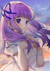 Rule 34 | 1girl, absurdres, aikatsu!, aikatsu! (series), bad id, bad twitter id, blue ribbon, blunt bangs, blush, bow, cloud, cloudy sky, dress, evening, floating hair, from side, geshumaro, gradient sky, hair ribbon, happy birthday, highres, hikami sumire, interlocked fingers, long hair, looking to the side, neck ribbon, orange sky, outdoors, own hands together, pink lips, puffy short sleeves, puffy sleeves, purple eyes, purple hair, ribbon, short sleeves, signature, sky, smile, solo, star (sky), starry sky, twilight, upper body, waist bow, white bow, white dress, white ribbon, wind
