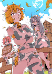 Rule 34 | 3girls, :q, animal ears, animal print, arms under breasts, ass, bell, black hair, blue sky, bottle, braid, breasts, cloud, collar, cow ears, cow print, cow tail, crossed arms, grey hair, hair between eyes, highres, horns, kafun, kneehighs, long hair, looking at viewer, multiple girls, navel, neck bell, orange hair, original, outdoors, parted lips, pink eyes, pink hair, short hair, single thighhigh, sitting, sky, sleeveless, smile, socks, tail, thighhighs, thumb sucking, tongue, tongue out