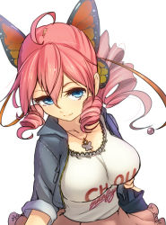 Rule 34 | 1girl, aged up, ahoge, alternate costume, blue eyes, breasts, butterfly hair ornament, casual, denim, denim jacket, drill hair, drill ponytail, from above, hair between eyes, hair ornament, head tilt, jacket, jewelry, large breasts, magister, necklace, non-web source, open clothes, open jacket, original, pink hair, sakuraba himari (magister), shirt, simple background, sleeves rolled up, solo, taut clothes, taut shirt, twin drills, twintails, white background