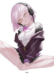 Rule 34 | 10s, 1girl, barefoot, bow, butterfly sitting, closed eyes, clothes between thighs, feet, feet together, glasses, gridman universe, hands on feet, head tilt, headphones, highres, jacket, knees apart feet together, off shoulder, pink bow, pink hair, pleated skirt, reoen, shinjou akane, shirt, short hair, sitting, skirt, smile, solo, ssss.gridman, toes, white background, white shirt