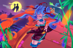Rule 34 | alternate hair color, bamboo, bare shoulders, blue hair, breasts, bridge, cleavage, closed eyes, floral print, hair ribbon, hatsune miku, japanese clothes, kimono, long hair, minomiyabi, moon, ribbon, scanlines, smile, solo, tanabata, thighhighs, twintails, vocaloid, wide sleeves