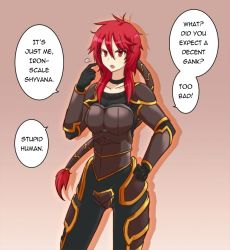 Rule 34 | armor, artist request, breasts, collar, ironscale shyvana, large breasts, league of legends, long hair, open mouth, ponytail, red eyes, red hair, shyvana, text focus, translated, tsundere