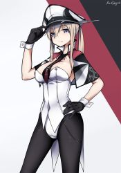 Rule 34 | 1girl, adapted costume, areola slip, armedshipyard, between breasts, black gloves, black pantyhose, blonde hair, breasts, capelet, celtic knot, cowboy shot, cross, gloves, graf zeppelin (kancolle), grey eyes, hair between eyes, hand on own hip, hat, highres, iron cross, kantai collection, leotard, long hair, multicolored background, necktie, necktie between breasts, pantyhose, peaked cap, playboy bunny, sidelocks, solo, standing, strapless, strapless leotard, tsurime, twintails, white background, white hat, white leotard