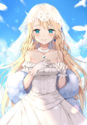 Rule 34 | 1girl, bad id, bad twitter id, bare shoulders, blonde hair, blue eyes, blue sky, blurry, blush, bokeh, braid, braided bangs, breasts, bridal veil, bride, canape (canape0130), choker, cleavage, closed mouth, cloud, collarbone, day, depth of field, dress, earrings, eyes visible through hair, feathers, floating hair, g36 (girls&#039; frontline), g36 (pure white cornflower) (girls&#039; frontline), girls&#039; frontline, gloves, hair between eyes, happy tears, highres, jewelry, long hair, looking at viewer, medium breasts, official alternate costume, pendant, petals, shawl, sidelocks, sky, smile, solo, strapless, strapless dress, tearing up, tears, veil, wedding, wedding dress, white dress, white gloves