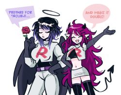 Rule 34 | 2girls, angel, black thighhighs, demon girl, english text, gloves, halo, highres, june (megrocks), kaina (megrocks), long hair, megrocks, multiple girls, navel, pointy ears, tail, thighhighs, very long hair, white background, wings