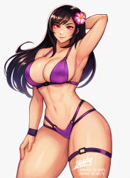 Rule 34 | 1girl, abs, alternate costume, arm up, armpits, bare shoulders, bikini, black hair, breasts, final fantasy, final fantasy vii, final fantasy vii remake, gloves, highres, iahfy, large breasts, long hair, low-tied long hair, navel, red eyes, simple background, smile, solo, swimsuit, thick thighs, thigh strap, thighs, tifa lockhart, toned female, white background