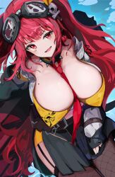 Rule 34 | 1girl, absurdres, belt, belt buckle, between breasts, breasts, buckle, chain, choker, cleavage, collared shirt, cygames, dress shirt, earrings, fishnet thighhighs, fishnets, fujiwara echi, garter straps, goggles, goggles on head, highres, huge breasts, jewelry, mole, mole on breast, necktie, off-shoulder shirt, off shoulder, puffy sleeves, red eyes, red hair, shadowverse, shirt, skirt, sleeves past wrists, smile, solo, spikes, thighhighs, tidal gunner (shadowverse), twintails
