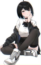 Rule 34 | 1girl, absurdres, ahoge, black choker, black eyes, black hair, black jacket, black skirt, black thighhighs, bow, bowtie, breasts, choker, closed mouth, colored inner hair, commission, hand up, highres, irene (kanniiepan), jacket, knee up, long sleeves, looking at viewer, medium breasts, miniskirt, multicolored hair, off shoulder, open clothes, open jacket, original, raised eyebrow, shirt, shirt tucked in, shoes, short hair, simple background, sitting, skirt, sneakers, solo, steeb, thighhighs, white background, white footwear, white shirt