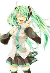Rule 34 | 1girl, :d, ahoge, bad id, bad pixiv id, belt, closed eyes, detached sleeves, green hair, hatsune miku, headset, highres, kotoma, long hair, necktie, open mouth, simple background, skirt, smile, solo, thighhighs, twintails, very long hair, vocaloid