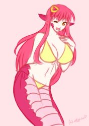 Rule 34 | 10s, 1girl, ;), bikini, breasts, cleavage, fang, lamia, large breasts, long hair, meltyvixen, miia (monster musume), monster girl, monster musume no iru nichijou, navel, one eye closed, pastelllatte, pink background, pink hair, pointy ears, side-tie bikini bottom, signature, sketch, smile, solo, swimsuit, wink, yellow bikini, yellow eyes