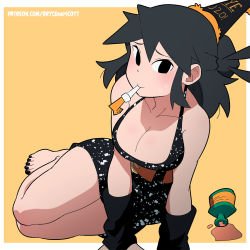 Rule 34 | 1girl, bare legs, barefoot, belt, black dress, black eyes, black hair, border, dress, hat, highres, long hair, looking at viewer, lucia (scott malin), nail polish, orange belt, original, party hat, party horn, print dress, scott malin, simple background, sitting, solo, spill, toenail polish, toenails, white border, yellow background