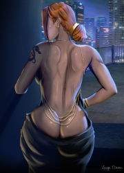 Rule 34 | 1girl, ass, back, butt crack, highres, lasga claven, looking to the side, nami (one piece), one piece, orange hair, rooftop, skyline, tagme, tattoo