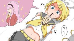Rule 34 | 00s, 1boy, 2girls, belt, blonde hair, blue eyes, bow, breast envy, breasts, bubble tea, bubble tea challenge, cheating (competitive), commentary, crop top, drinking, drinking straw, faceless, faceless female, hair bow, hair ornament, hairclip, kagaminao118, kagamine len, kagamine rin, large breasts, long hair, lying, megurine luka, midriff, multiple girls, navel, neckerchief, on back, out of frame, pink hair, red shirt, school uniform, shirt, shoes, short hair, shorts, small breasts, sparkle, straight hair, thought bubble, translated, trembling, upper body, vocaloid, white bow, yellow neckerchief