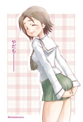 Rule 34 | 10s, 1girl, black neckerchief, blouse, brown hair, commentary, covering privates, covering ass, cowboy shot, from side, girls und panzer, green skirt, leaning forward, long sleeves, looking at viewer, miniskirt, nakasawa kei, neckerchief, ooarai school uniform, open mouth, parted bangs, pink background, plaid, plaid background, pleated skirt, sawa azusa, school uniform, serafuku, shirt, short hair, skirt, skirt tug, smile, solo, standing, white shirt
