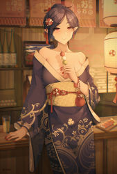 Rule 34 | 1girl, absurdres, bad id, bad pixiv id, bare shoulders, bottle, chinese commentary, collarbone, earrings, floral print, food, forehead, gold trim, hair ornament, hairpin, highres, indoors, japanese clothes, jewelry, kimono, long sleeves, mole, mole under eye, nail polish, off shoulder, original, parted bangs, parted lips, pointy ears, pointy nose, pouch, purple hair, red eyes, red nails, sake bottle, sash, senjouhara nira, shadow, single earring, smile, solo, standing, sushi, wagashi, wide sleeves