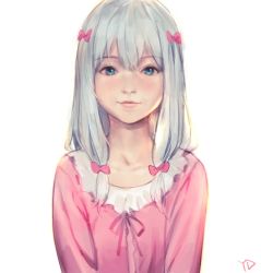 Rule 34 | 1girl, blue eyes, blue hair, bow, closed mouth, commentary request, dress, eromanga sensei, hair bow, highres, izumi sagiri, long hair, long sleeves, looking at viewer, pink bow, pink dress, pink lips, realistic, signature, simple background, smile, solo, upper body, white background, yd (orange maru)