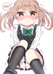 Rule 34 | 1girl, black socks, blush, clothes pull, commentary request, covering crotch, covering privates, double bun, dress, dress pull, hair bun, k hiro, kantai collection, kneehighs, light brown hair, looking at viewer, michishio (kancolle), michishio kai ni (kancolle), pinafore dress, shirt, short twintails, sleeveless, sleeveless dress, socks, solo, spoken blush, trembling, twintails, wavy hair, wavy mouth, white shirt